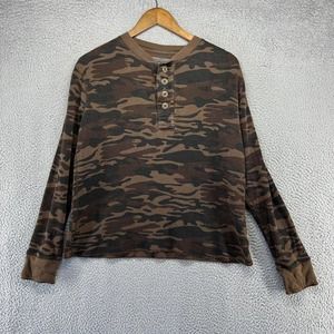Vintage Old Navy Thermal Shirt Men's Medium Brown Black Camo Henley All Over Y2K